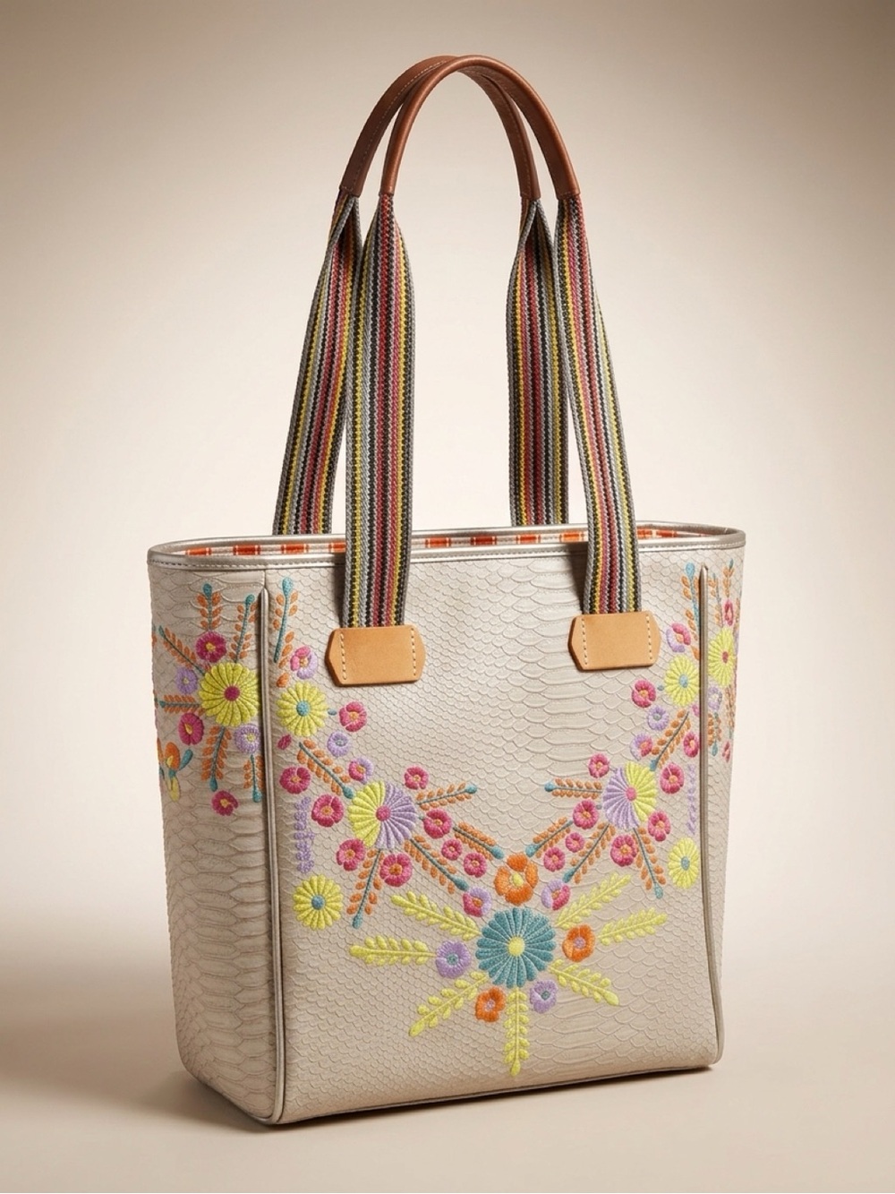 Consuela Neutral Embroidered Tote Chica with Multicolor Floral Accents